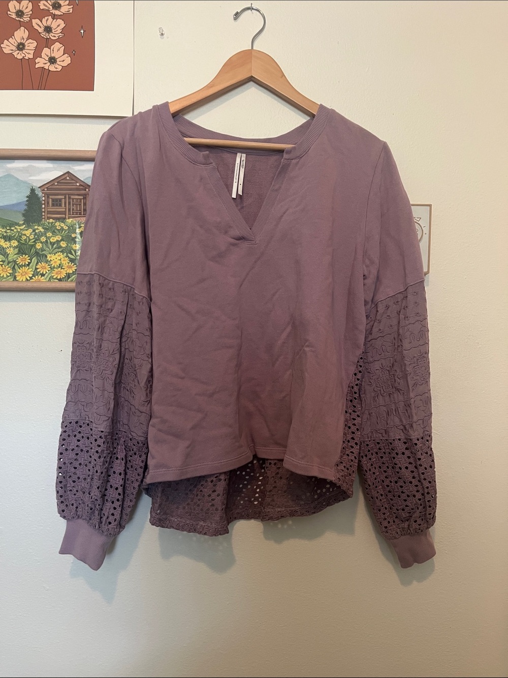 Anthropologie Dusty Purple Lace-Sleeve Pullover